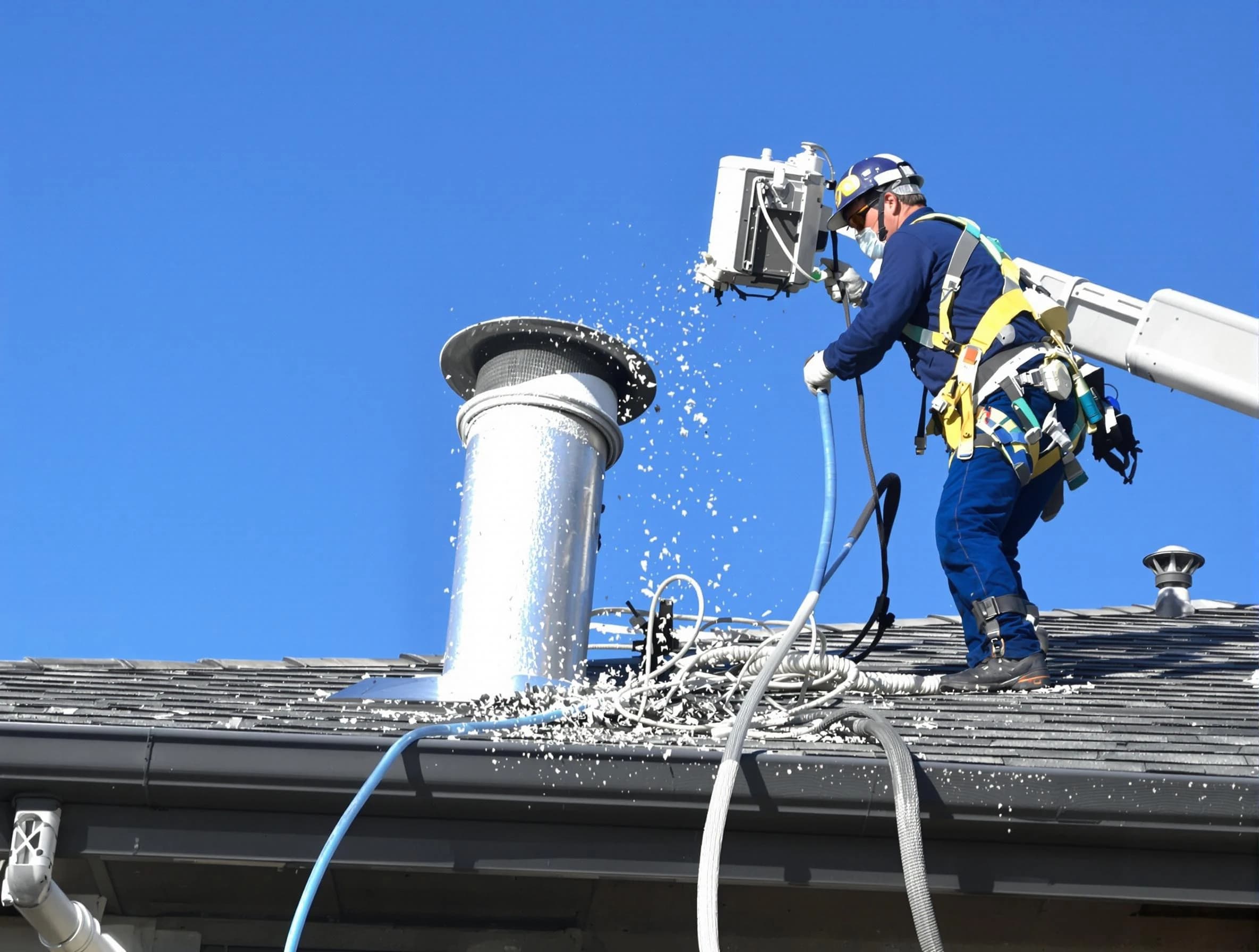 Leeds Dryer Vent Cleaning certified technician safely cleaning a roof-mounted dryer vent in Leeds
