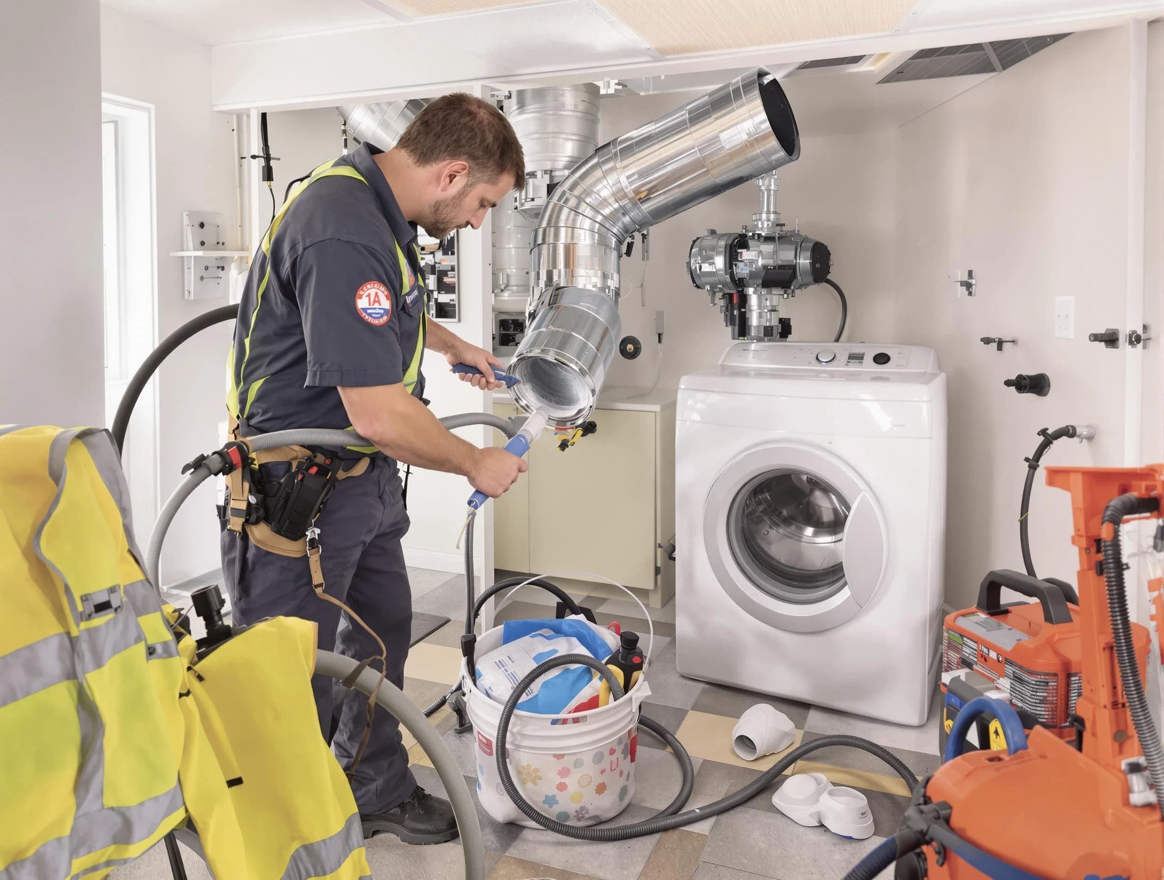 Leeds Dryer Vent Cleaning technician using specialized equipment to clear severe dryer vent blockage in Leeds