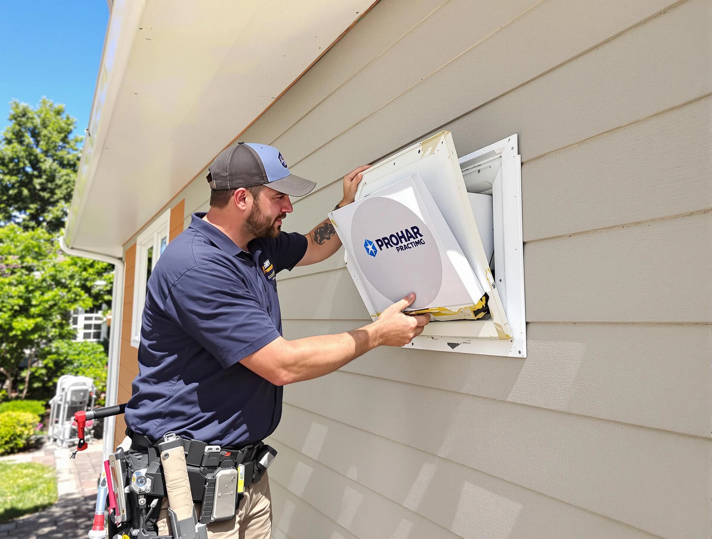 Leeds Dryer Vent Cleaning technician installing a new protective dryer vent cover on a home in Leeds