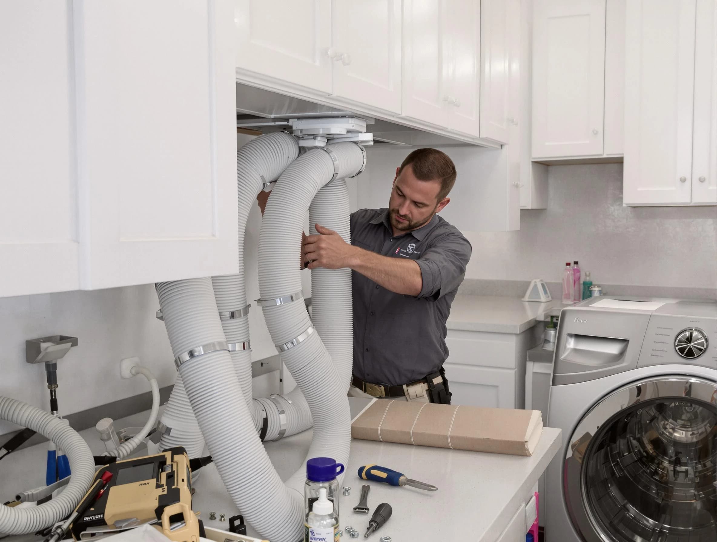 Leeds Dryer Vent Cleaning technician installing a new professional-grade dryer vent hose in Leeds